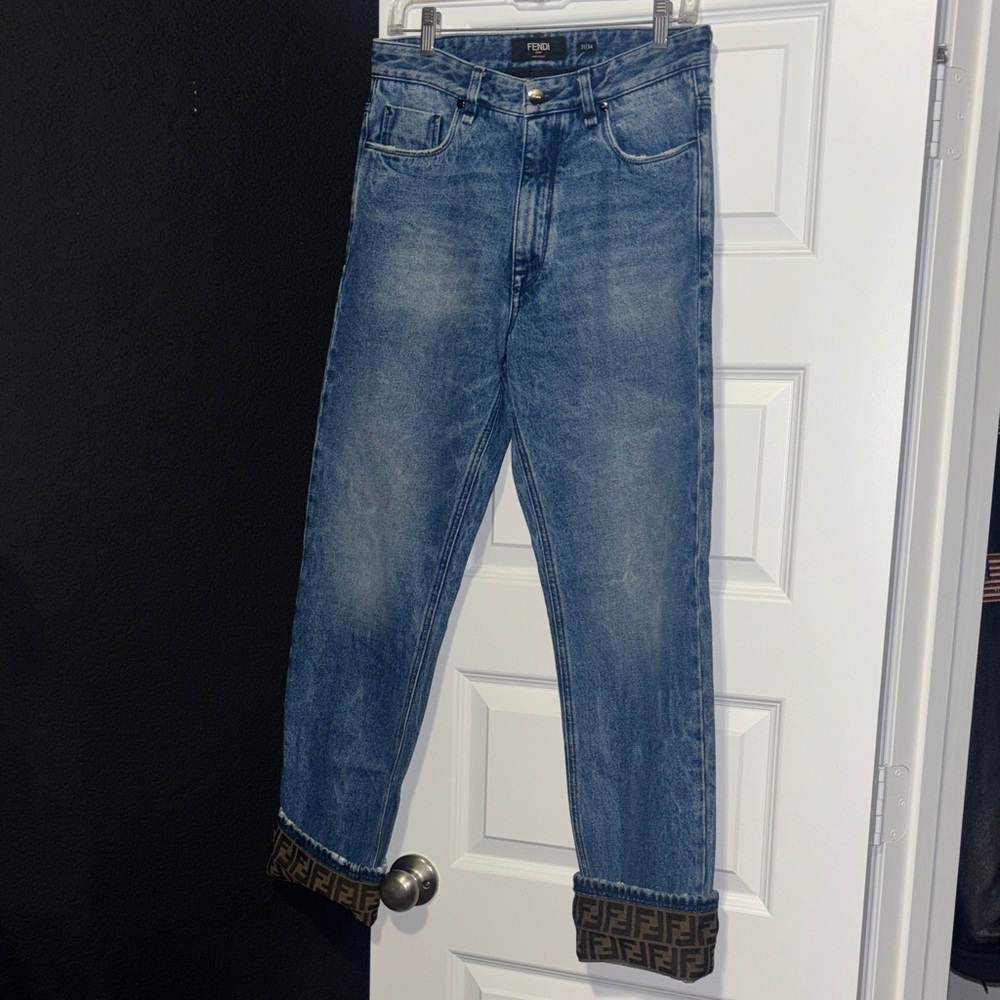 Fendi Washed Blue Men’s Slim Straight Jeans with FF Cuff